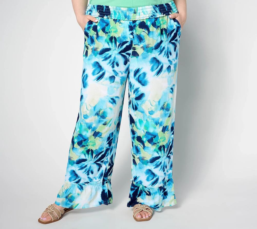 Denim & Co. Beach Pants Womens Plus 2X Tall Woven Crepe Ruffled Hem Pull On